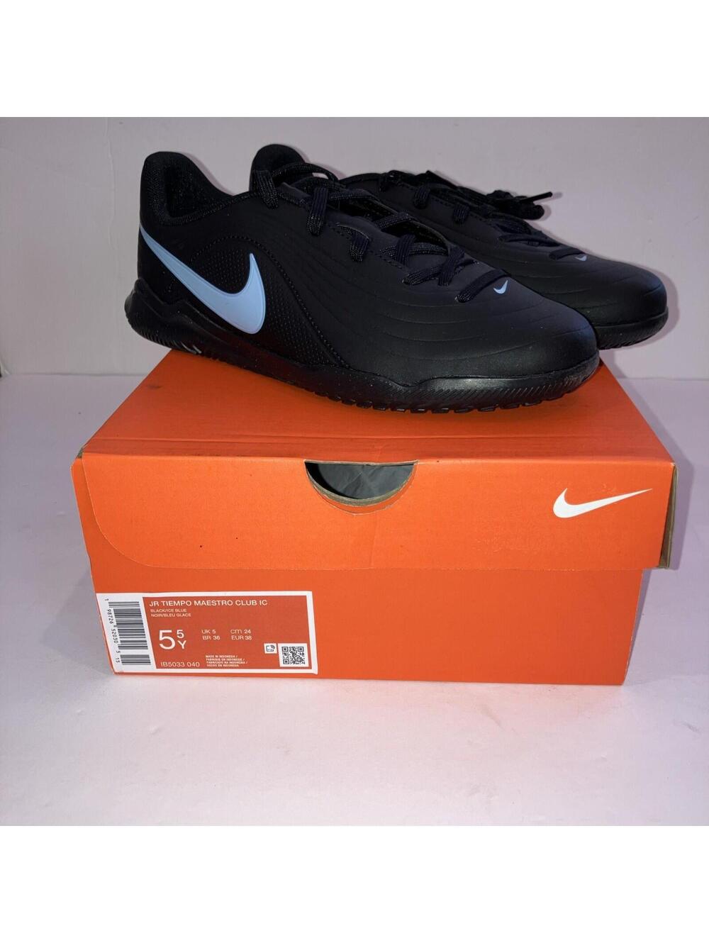 Nike JR Tiempo Maestro Club IC Black/ Ice Blue Size 5.5 Youth INDOOR SOCCER NEW